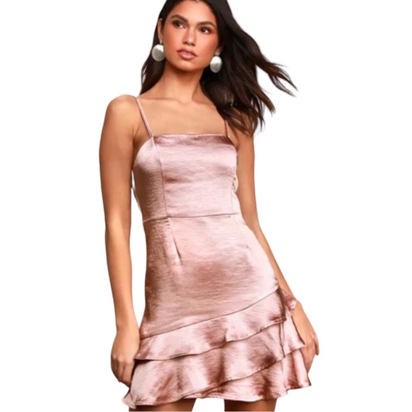 Lulus Dreams Come True Satin Ruffled Mini Dress True Barbiecore Rose Pink Sz XS - Picture 1 of 11
